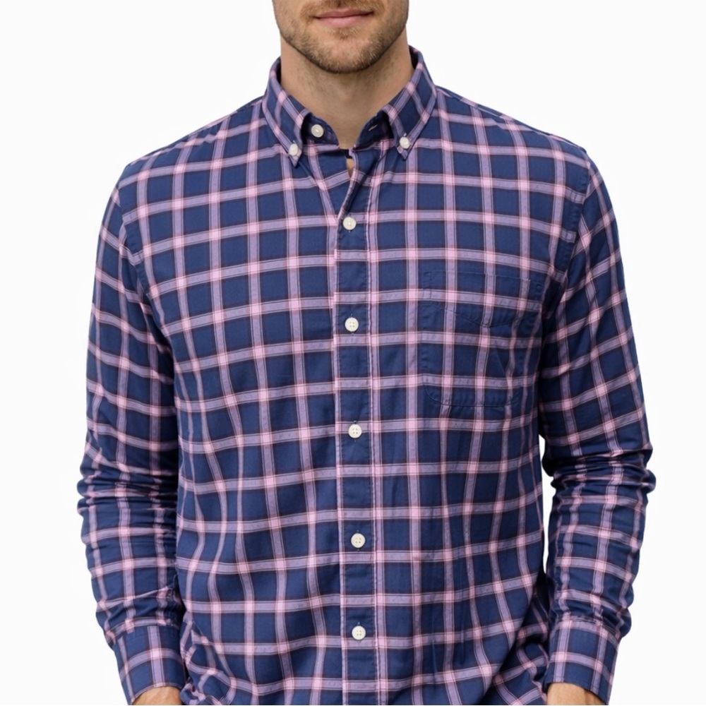 -Bonobos Stretch Tailored Fit Navy and Pink Plaid Button Down L/S Men's Size XL